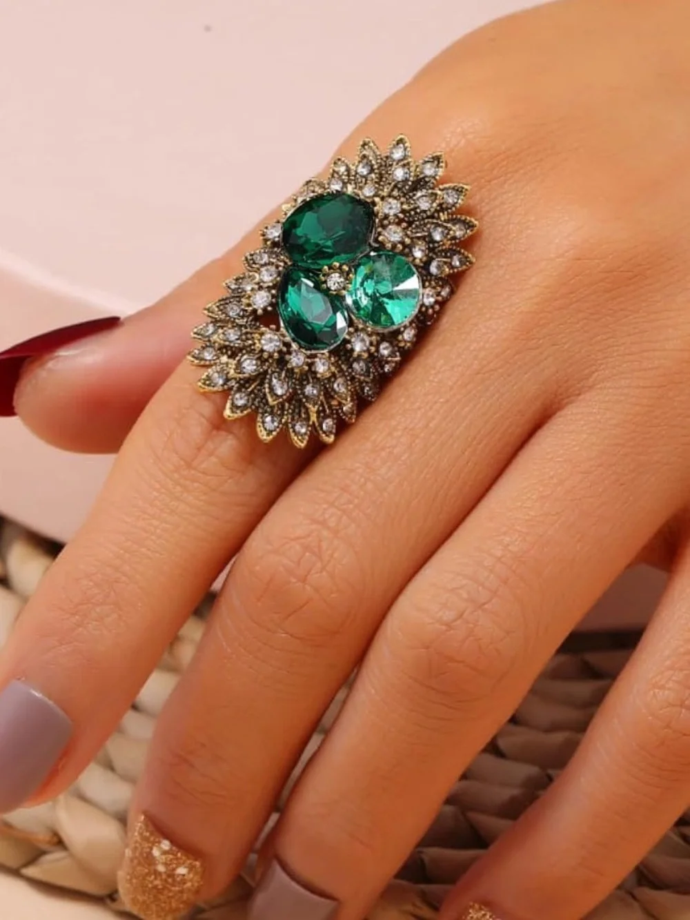 Anthropologie Gold-Tone Ring with Emerald Green Crystals